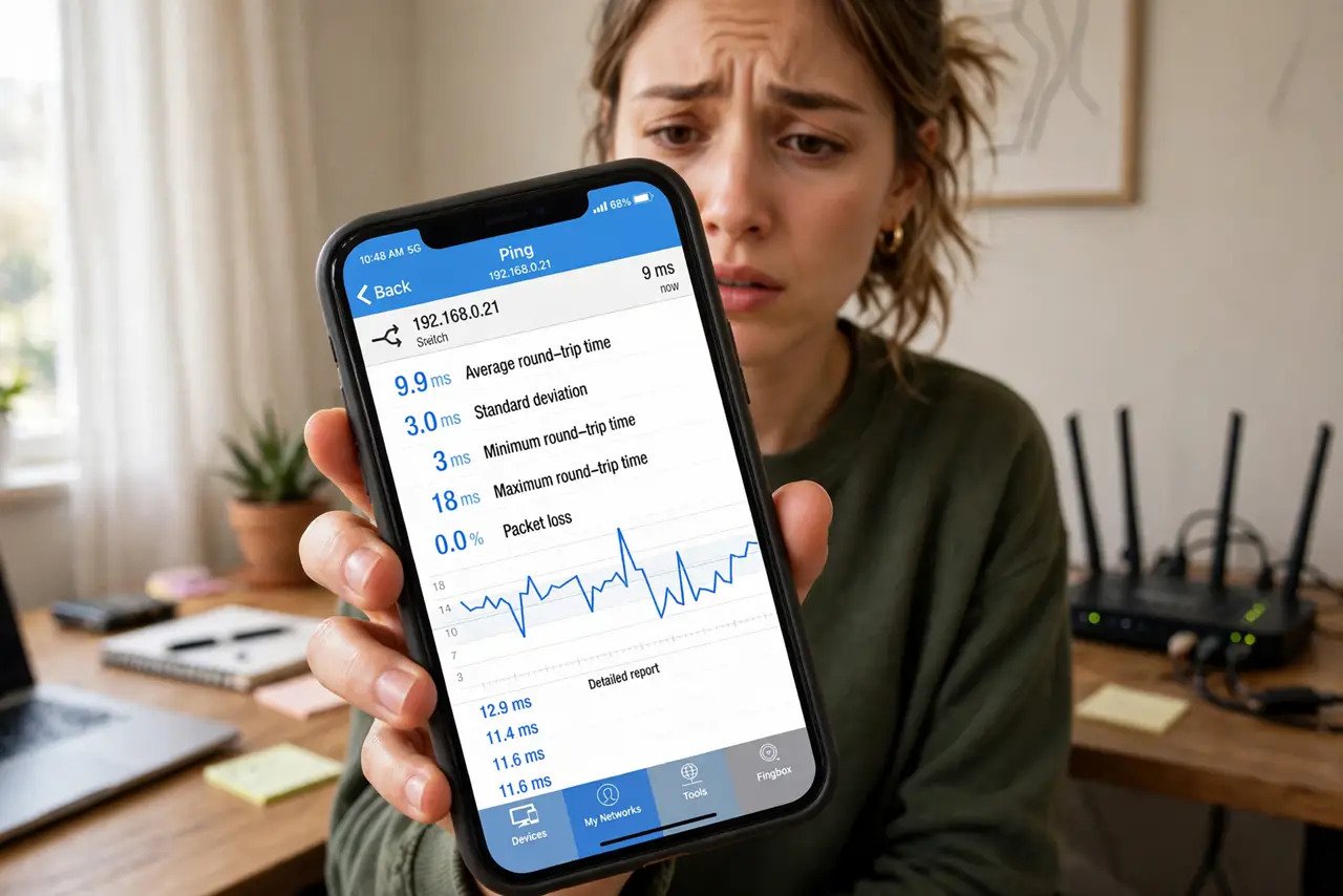 a person looking at a real phone showing a ping test result with legible ms numbers, the person's face concerned, home office with router visible. No black screen, no blank white s.