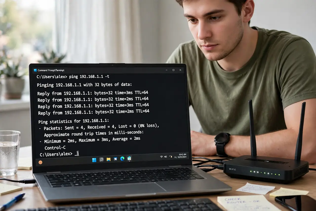 A person at a desk with a real laptop showing a terminal pinging a router with response times fully legible, a router beside the laptop, the person's face focused.