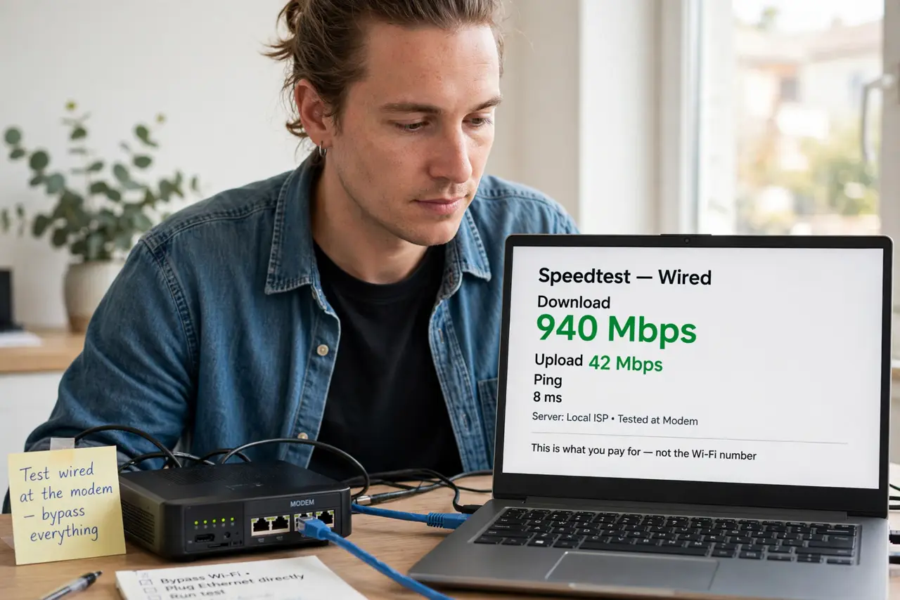 A person performing the first step of the guide: Test wired at the modem.