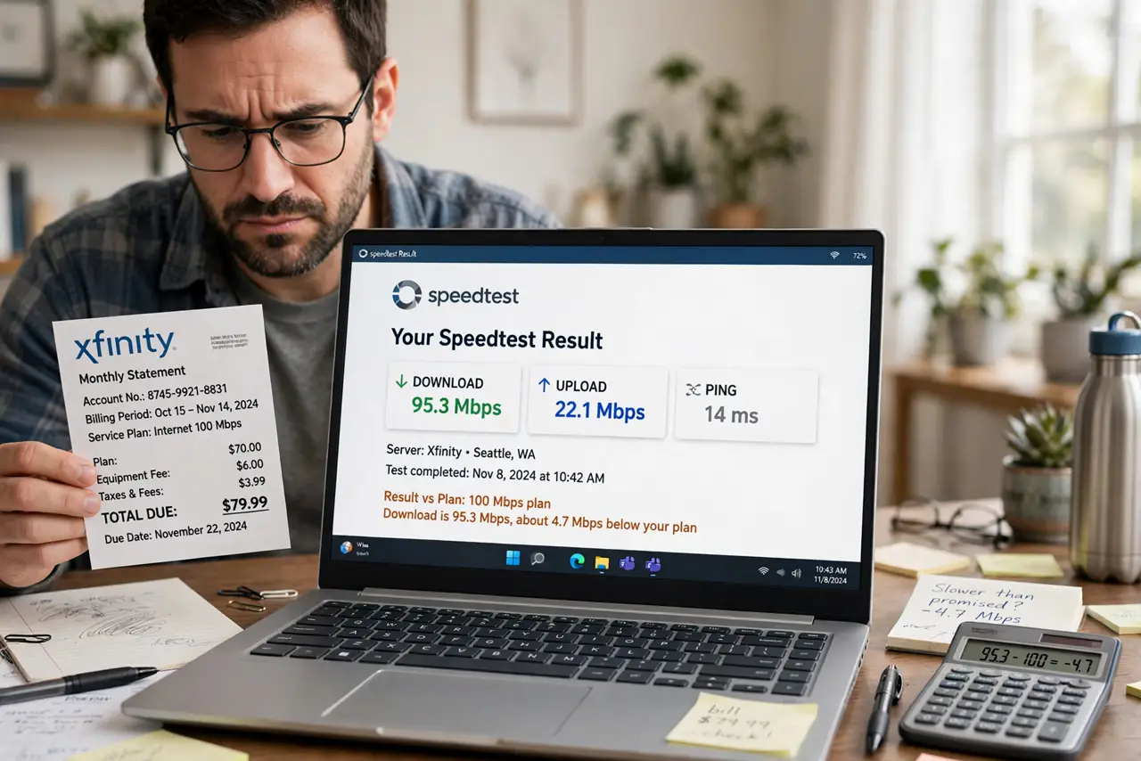 a person comparing a real ISP bill with a laptop speed test result legible on screen, calculator nearby, the person's face skeptical, home office.