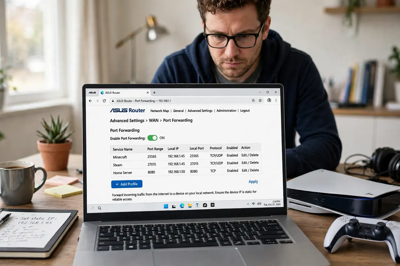 A person configuring port forwarding in a real router admin page on a laptop, the settings screen legible, a game console nearby, the person's face focused,…