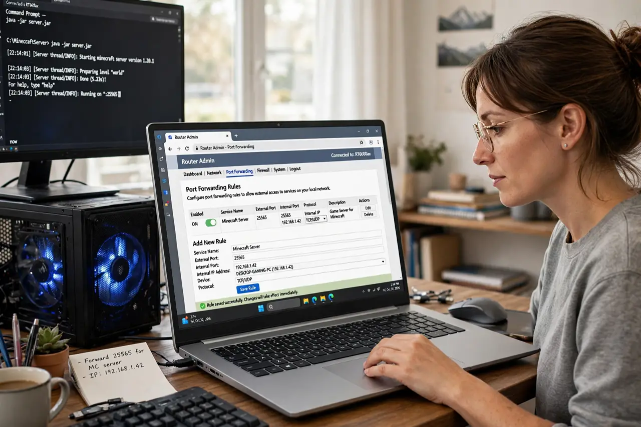 a person configuring port forwarding rules on a real router admin page with legible port fields, game server running on a PC nearby, the person's face focused, home office.