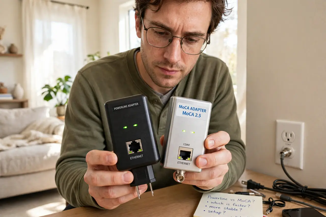 A person holding a small powerline adapter and a MoCA adapter side by side on a table next to a coax wall outlet, comparing them, the person's face curious, living room.