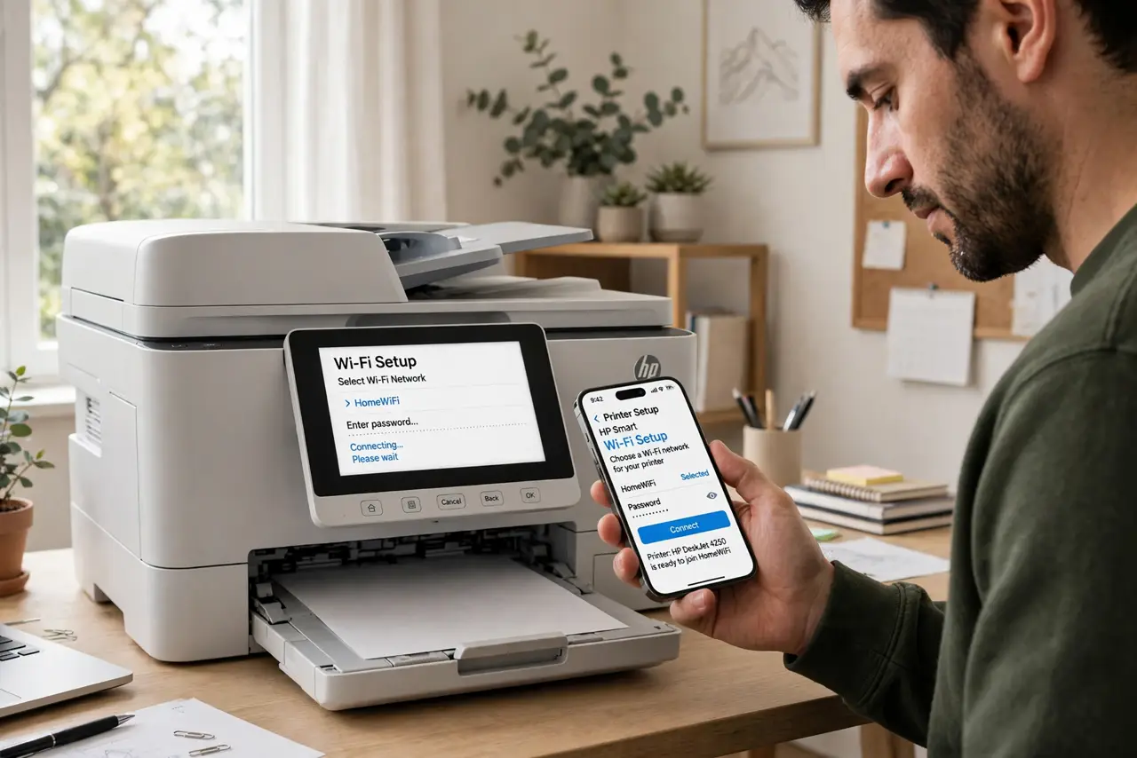 a person standing by a real Wi-Fi printer with its display showing network setup, a real phone in hand running the printer app, the person's face focused, home office. No black scr.