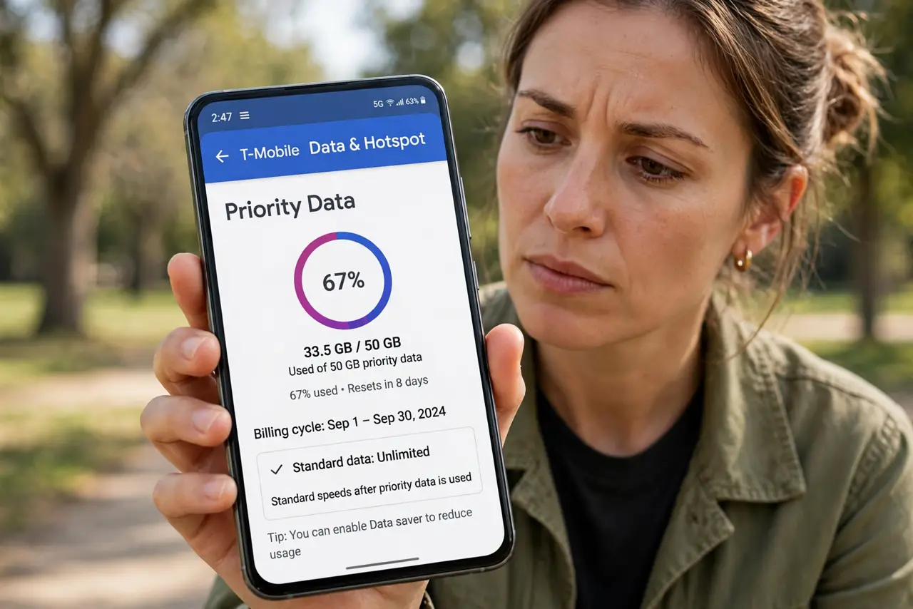 A person holding a real phone showing a carrier app with a priority data gauge and legible text, the person's face thoughtful, outdoors daylight.