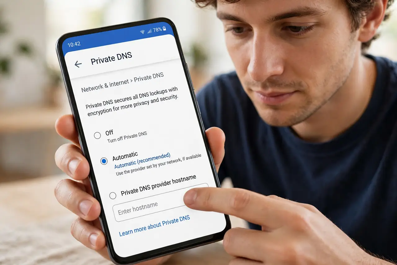 A person performing step 1: Open the Private DNS setting.
