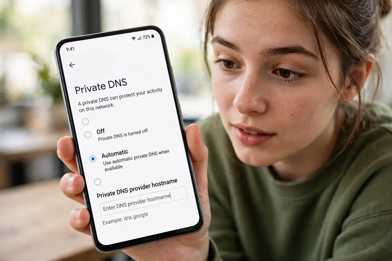 A person opening the Private DNS setting on a real Android phone, the Automatic/Off/hostname options fully legible, the person's face curious.