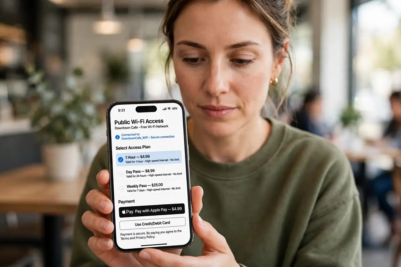 Photorealistic photo: A calm adult in a public venue holding a real phone, the real public Wi-Fi payment page visible complete and legible, the person checking carefully.
