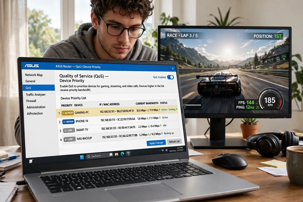 A person setting gaming device priority in a real router's QoS page on a laptop, the priority list fully legible, a game running smoothly on a monitor nearby.