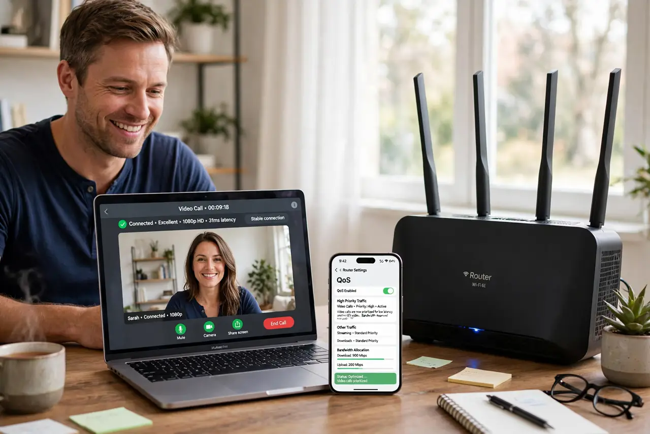 a person on a real video call with smooth video on a laptop, a phone beside showing router QoS settings with video calls prioritized, the person's face relieved, home office. No bl.