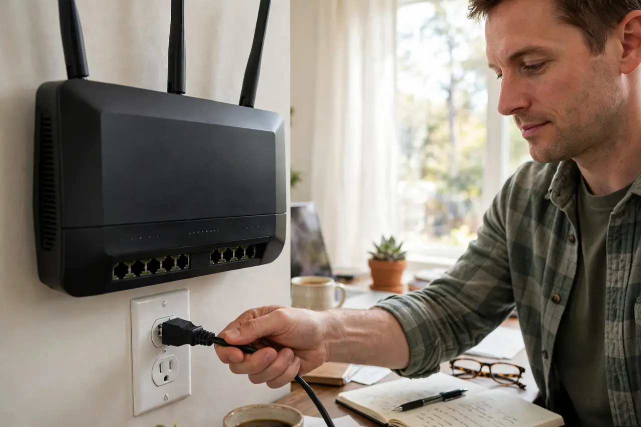 A person unplugging a real router's power cable from a wall outlet in a home office, the router's lights going dark, the person's face patient and practical.