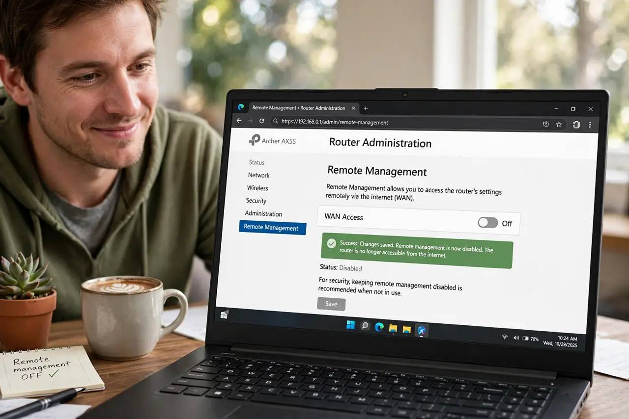 A person toggling off remote management in a real router's administration page on a laptop, the WAN access toggle fully legible, the person's face relieved.