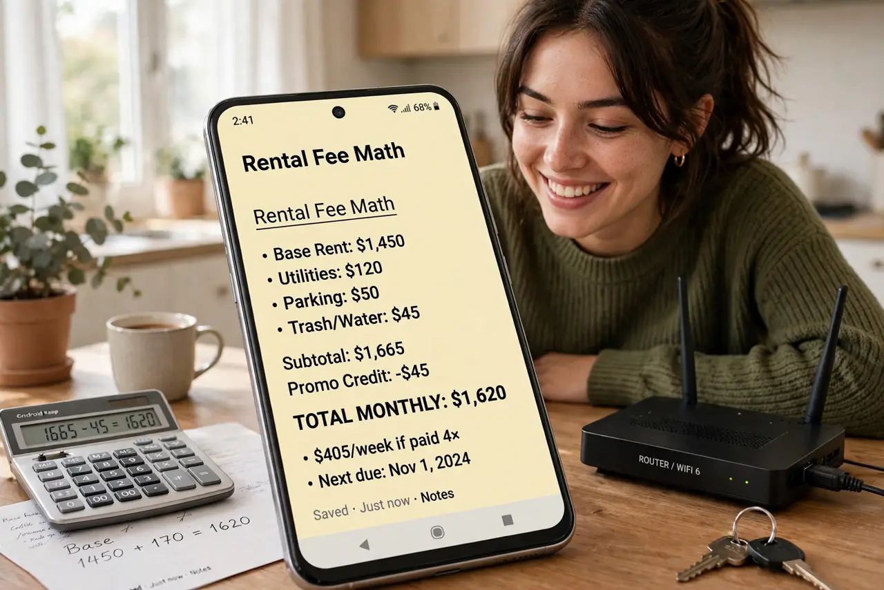A person at a kitchen table with a calculator and a real phone showing a notes app with rental-fee math and legible numbers, a router box nearby, the person's face pleased.