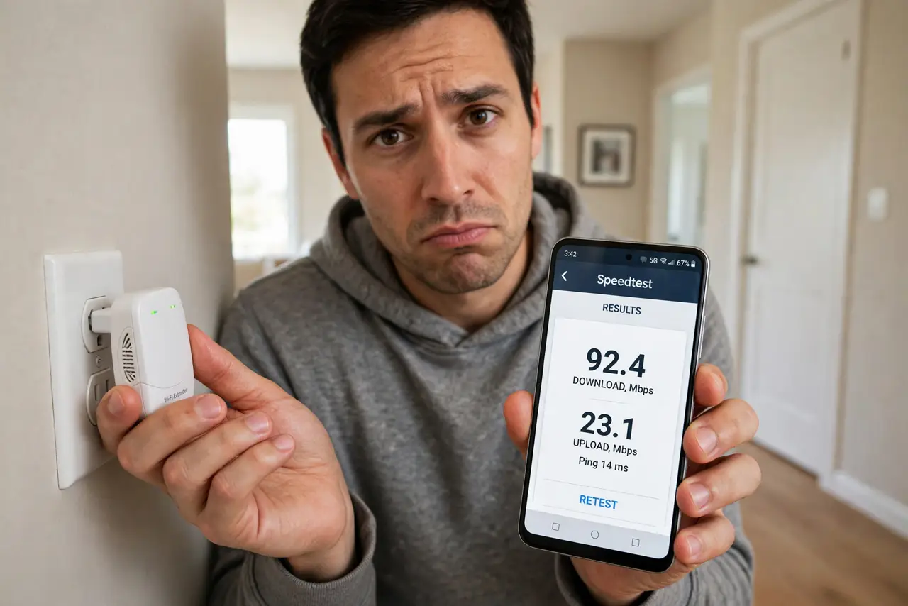 A person holding a small white Wi-Fi extender plugged into a wall outlet, a phone in the other hand showing a speed test with legible numbers, the person's face skeptical, hallway.