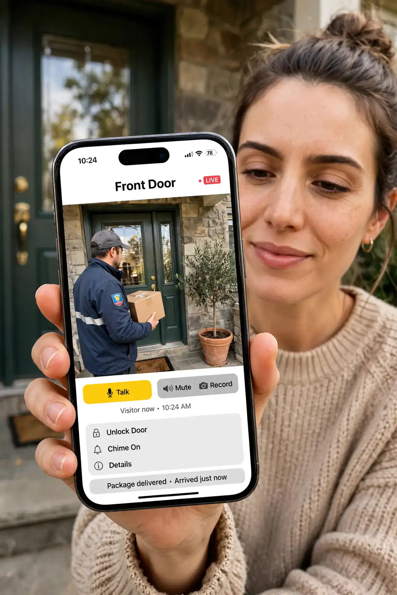 a person holding a real smartphone showing a live video doorbell feed with a legible image of a visitor at the door, the front door visible in the background, the person's face relieved, daytime.