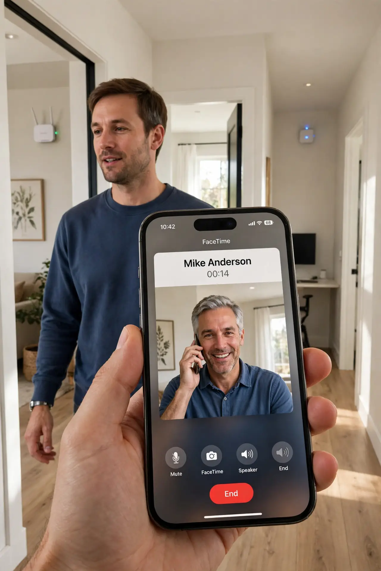 A person walking through a home hallway on a video call holding a real phone, the phone screen showing a legible active call, two small Wi-Fi access points.