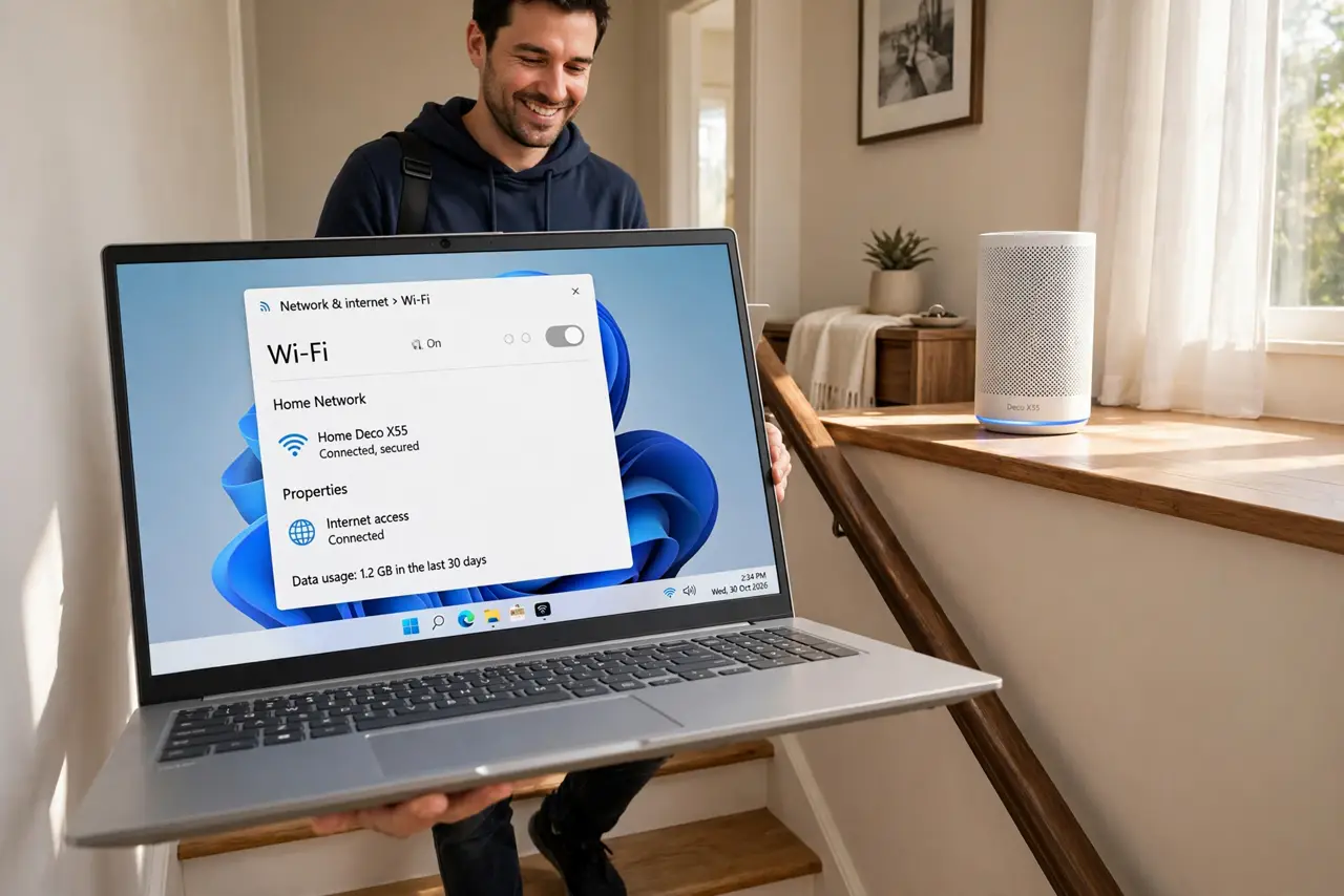 A person walking upstairs holding a real laptop, the Wi-Fi signal icon showing a fresh strong connection fully legible on screen, a mesh node visible on the upstairs landing.