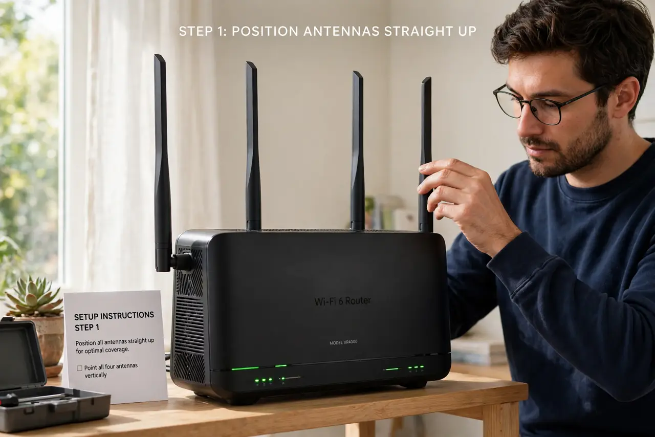 A person carrying out step one: start with all antennas straight up.