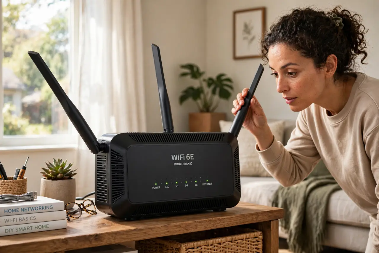 A person adjusting the real antennas on a real router on a shelf, the router's antennas at different angles, the person's face curious, home living room.