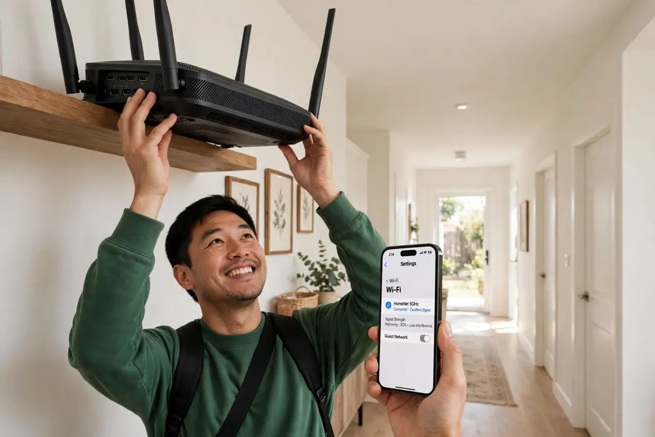 a person placing a real router on a high shelf in a central hallway, phone in hand showing improving signal bars, the person's face pleased, bright home. No black screen, no blank .