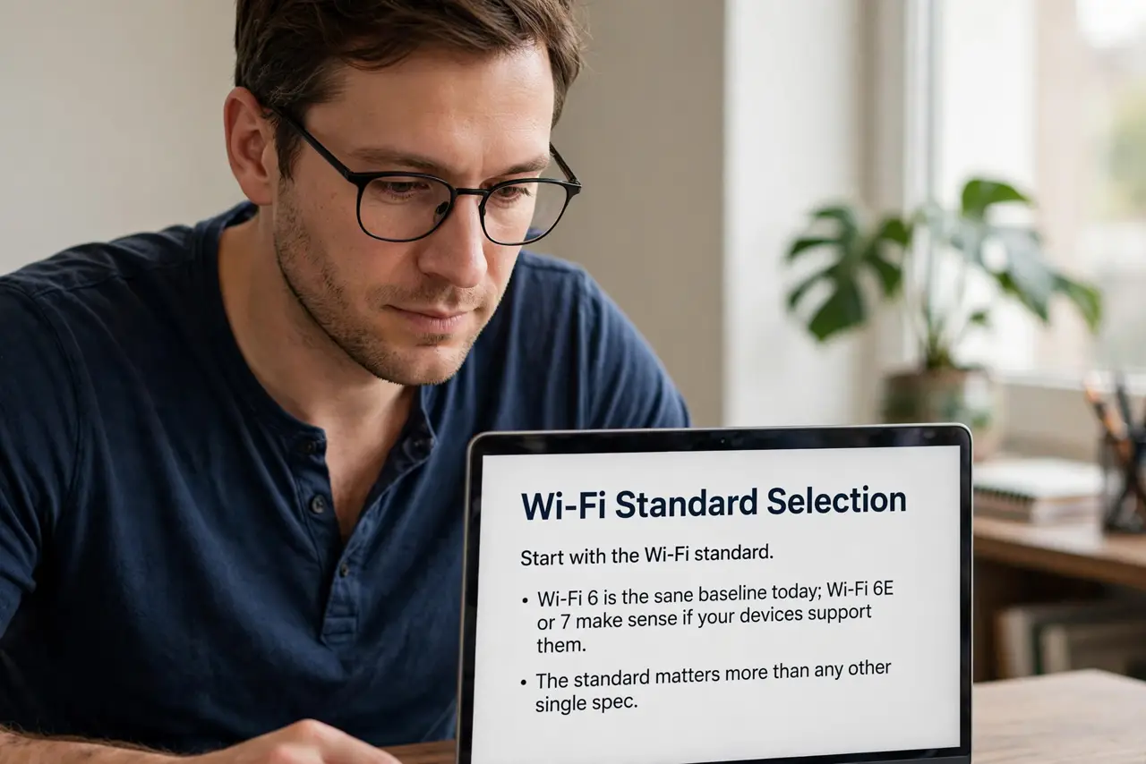 A person performing the first step of the guide: Start with the Wi-Fi standard.