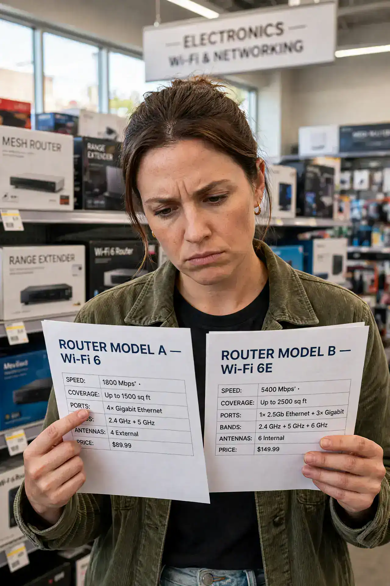 a person comparing two real router spec sheets in a store, one finger tracing the numbers, the person's face skeptical and focused, electronics aisle.