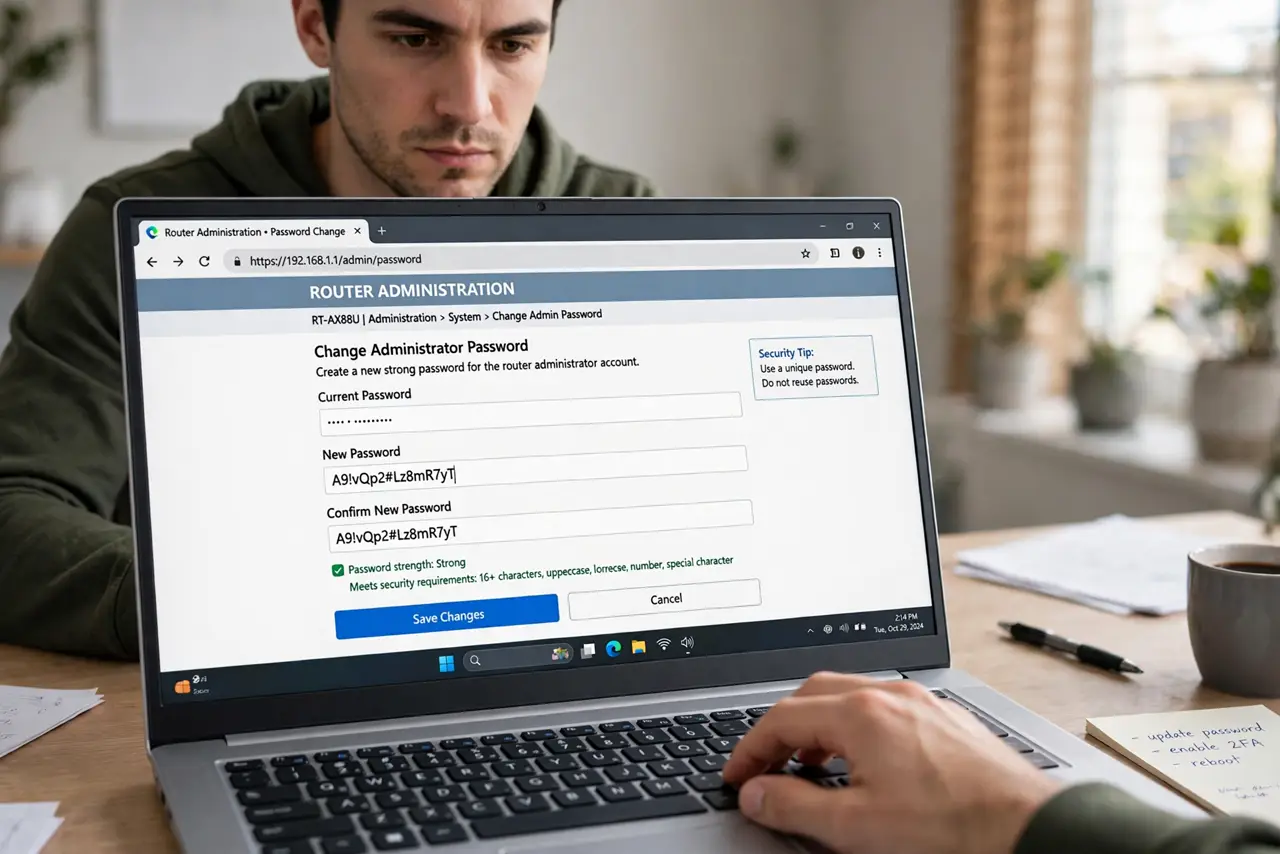 A person typing a new strong admin password into a real router's administration page on a laptop, the password fields fully legible, the person's face serious and focused.