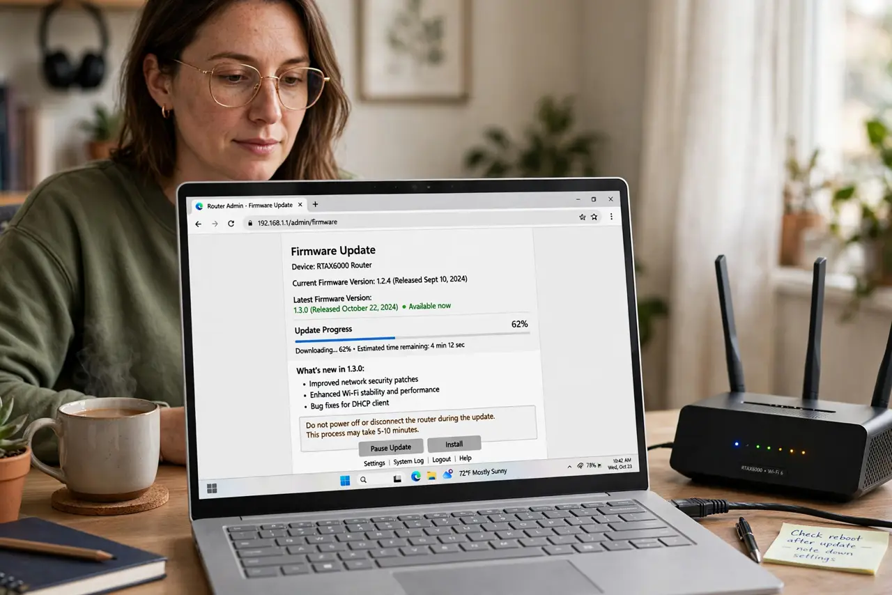 A person sitting at a real desk with a real laptop open to a router admin page showing a firmware update screen with legible text, a real router with blinking…