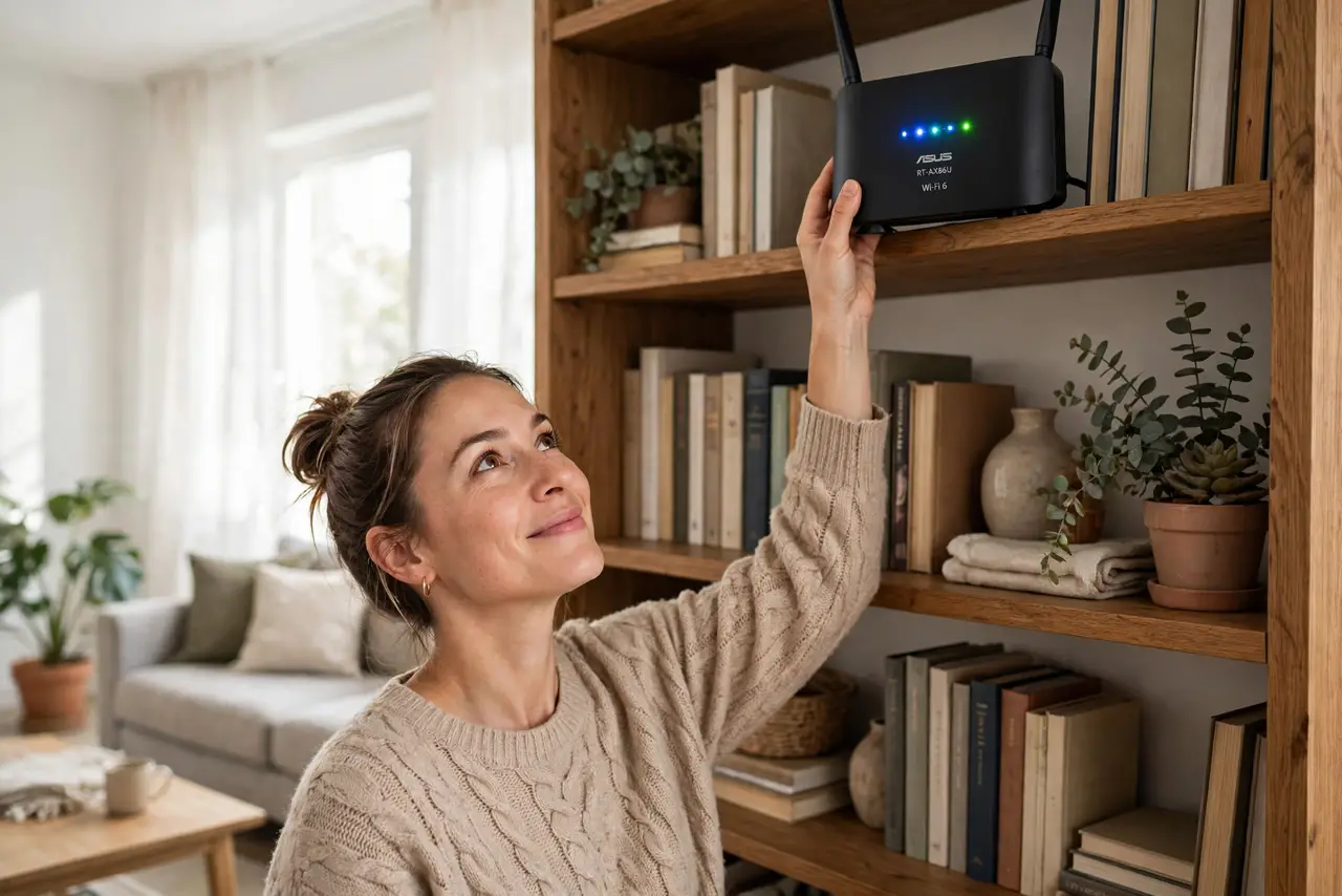 a person placing a real router on a high bookshelf in a living room, the router lights visible, the person's face satisfied, bright room.