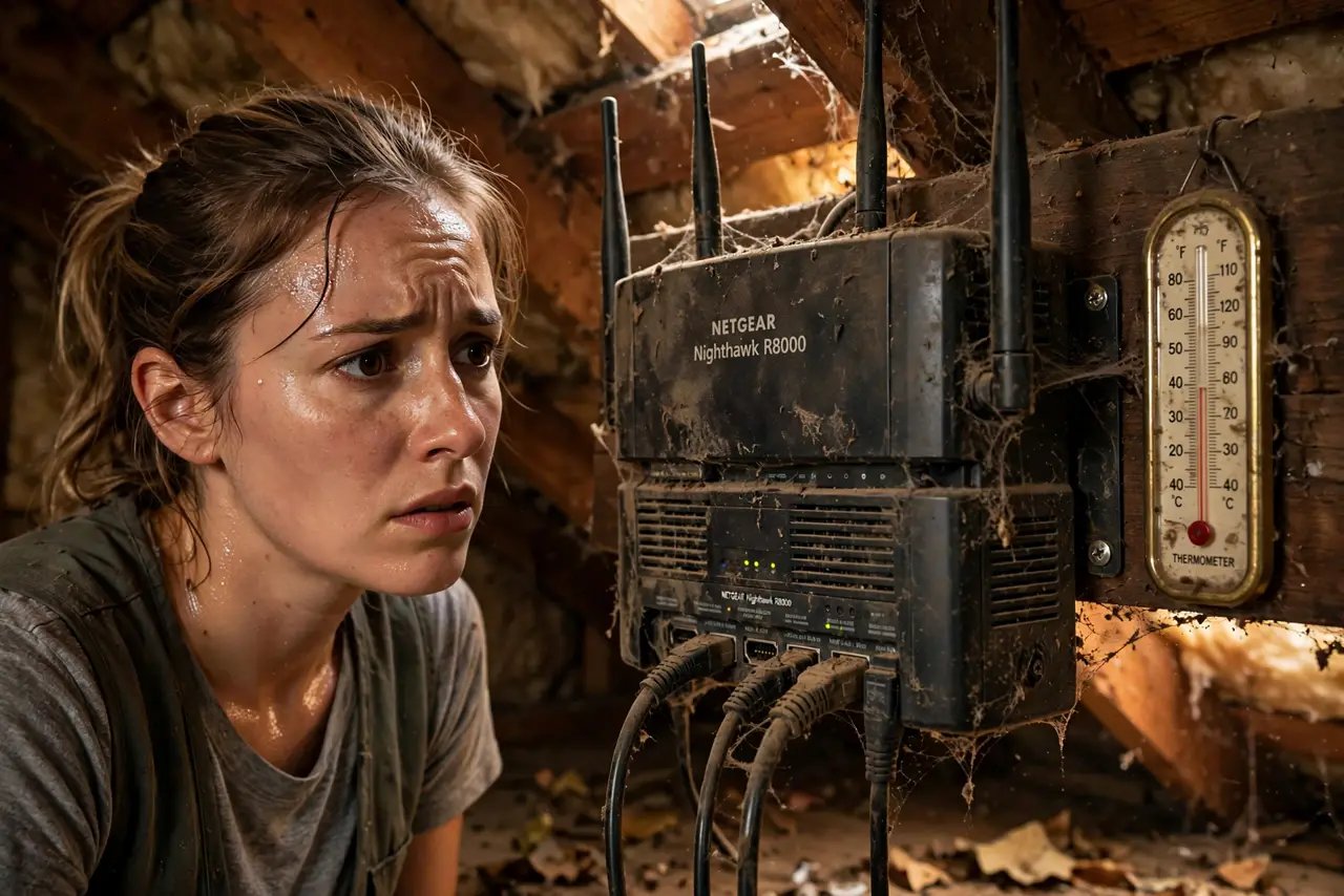 A person in a hot attic looking at a dusty router on a beam with a thermometer nearby, sweat on their brow, the person's face concerned, dim attic light.