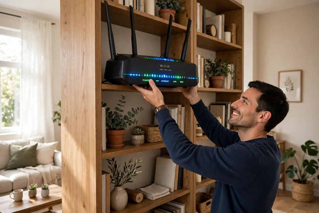 A person placing a real Wi-Fi router on a high central bookshelf in a living room, the router's lights visible, the person reaching up with a satisfied…