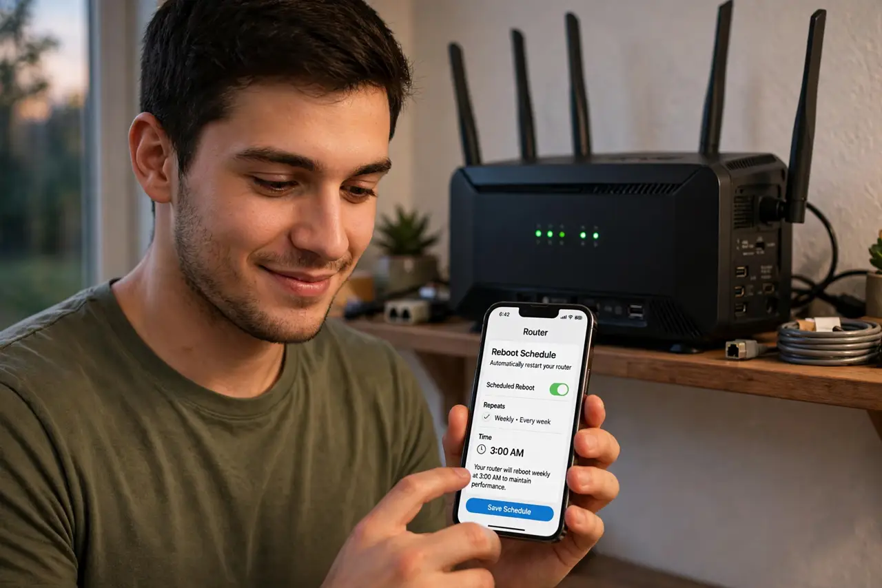 a person tapping a router reboot schedule in a real router app on a phone, the screen showing a weekly 3 AM reboot time, a router on a shelf behind, the person's face satisfied, ev.