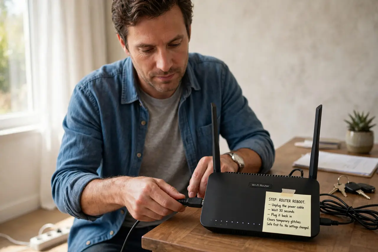 A person performing the first step of the guide: Reboot: unplug the power for 30 seconds.