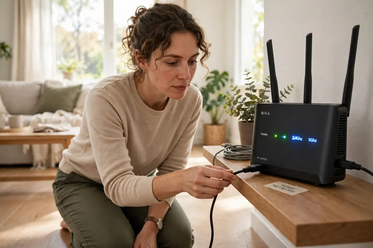a person kneeling by a real Wi-Fi router on a shelf, hand near the power cable, the router lights visible, the person's face thoughtful and careful, living room.