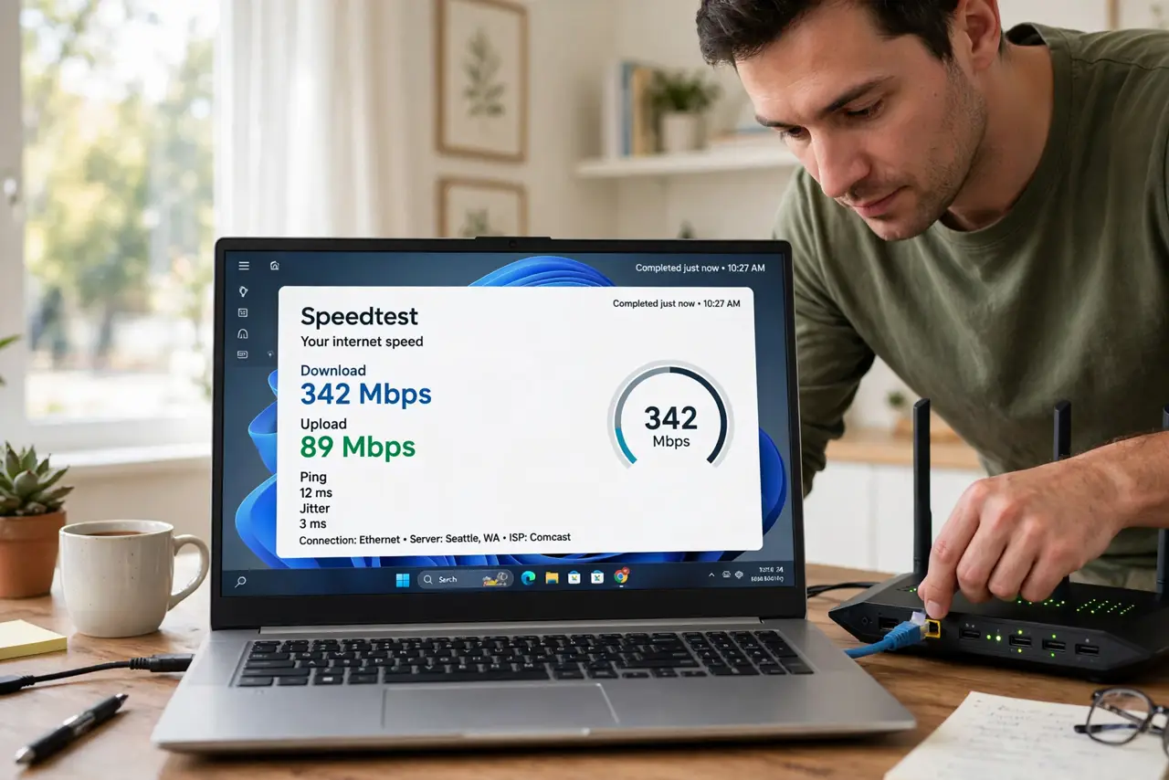 A person connecting a real laptop with a real ethernet cable directly to a real router, the laptop screen showing a speed test with legible numbers, the…