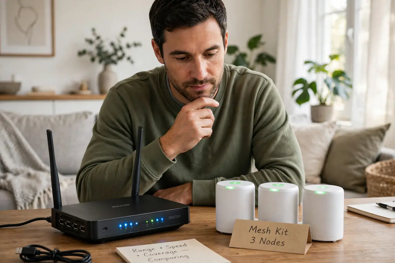 a person in a real living room comparing a single real router and a real three-node mesh kit on a table, both with visible lights, the person's face thoughtful, bright room.