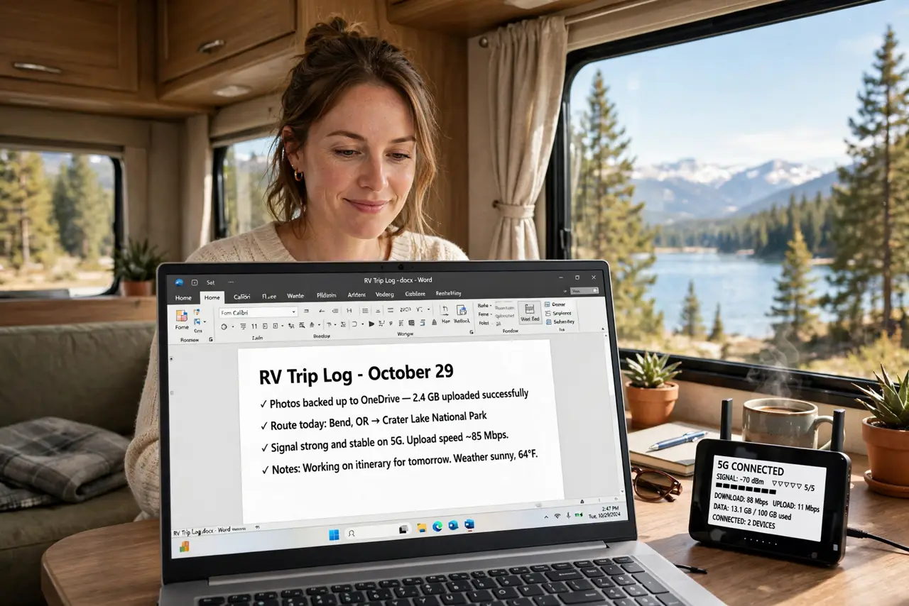 a person working on a real laptop inside an RV with a cellular router showing a legible signal display, scenic view through the window, the person's face content, RV interior.