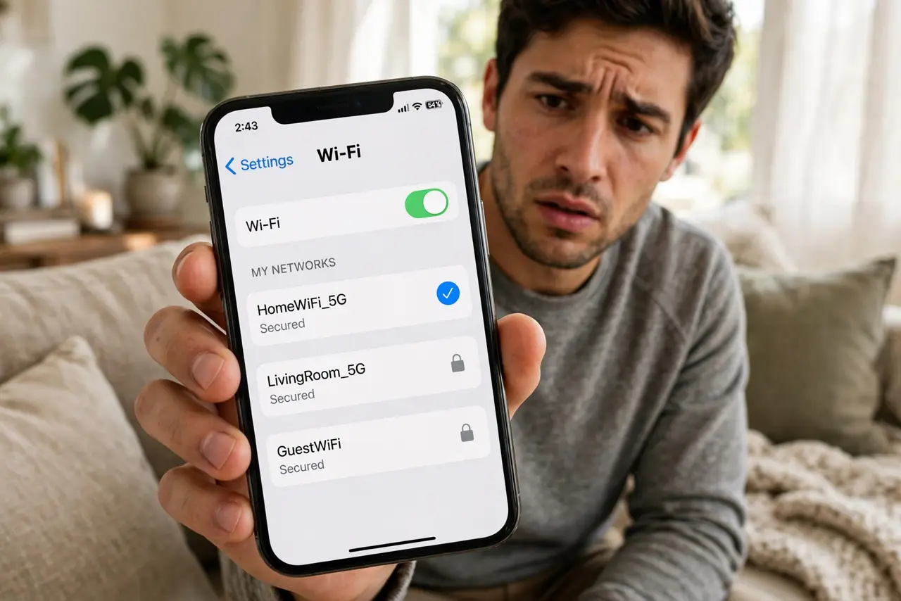 'Secured' but Pages Won't Load — a person holding a real phone showing Wi-Fi settings with the word Secured legible under the network name, the