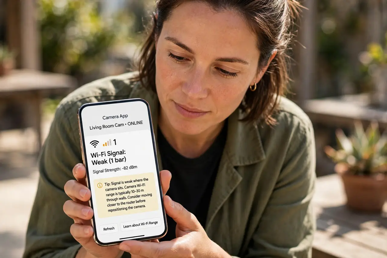 A person performing the first step of the guide: Check the signal at the camera.