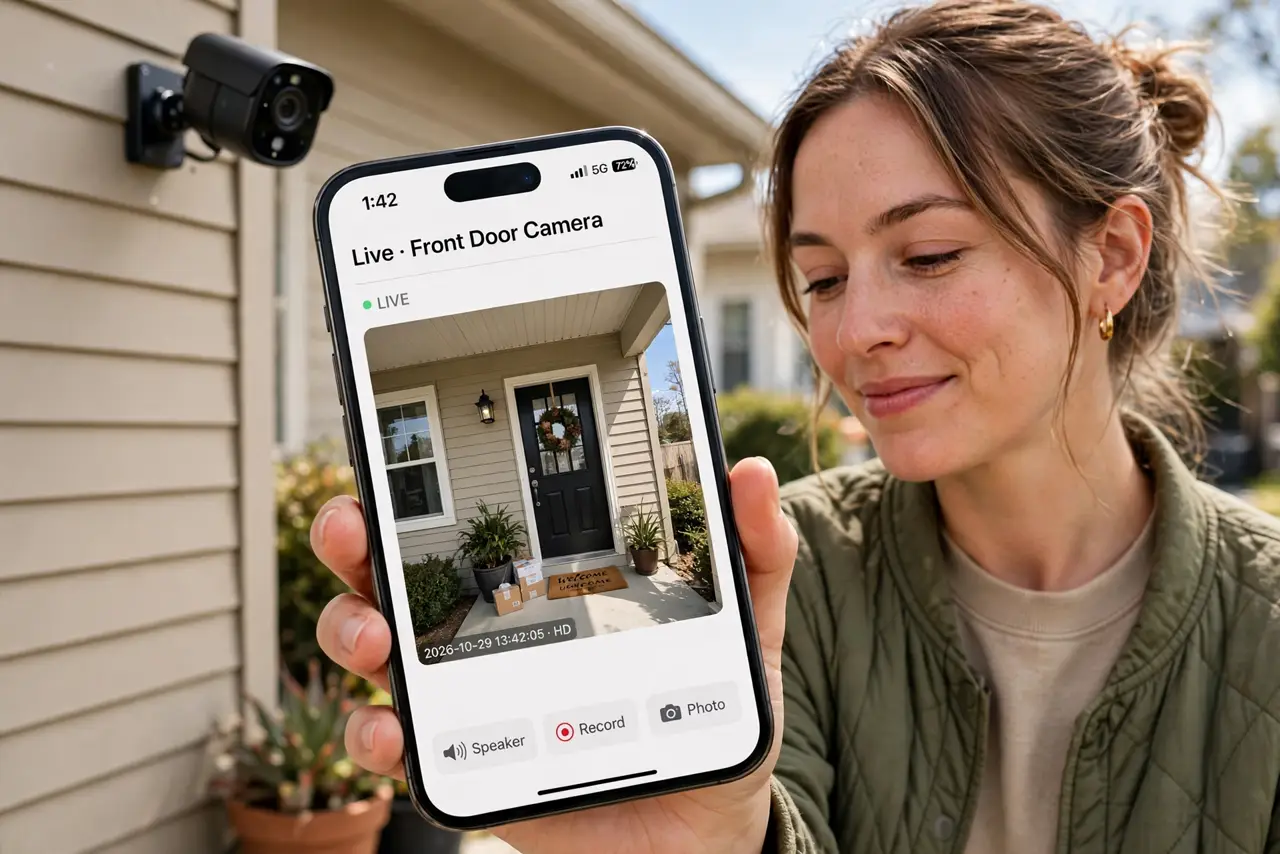 a person holding a real smartphone showing a live security camera feed with a legible clear image, a real camera mounted on the house wall behind them, the person's face satisfied, daytime.
