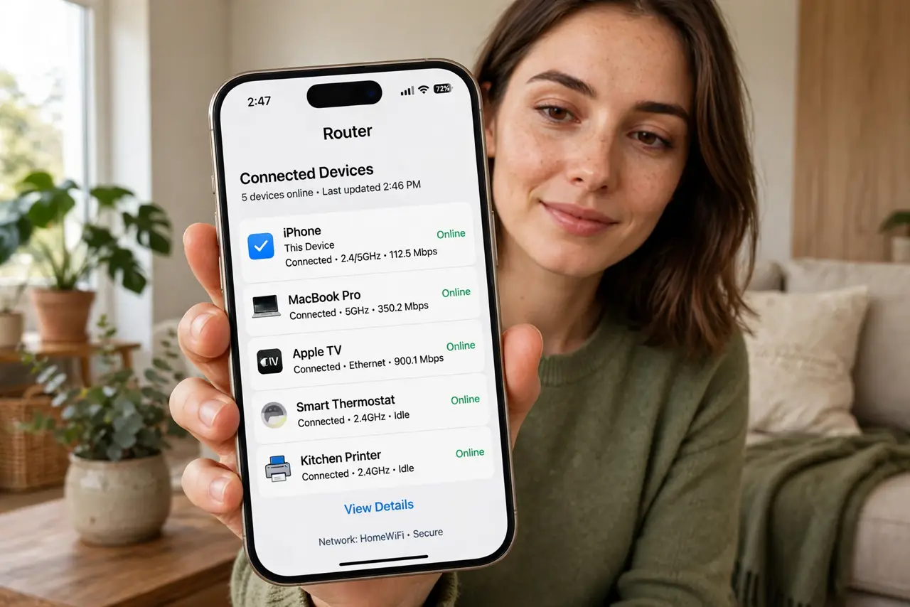 a person holding a real phone showing a router app with a legible list of connected devices, the person's face suspicious then satisfied, living room.