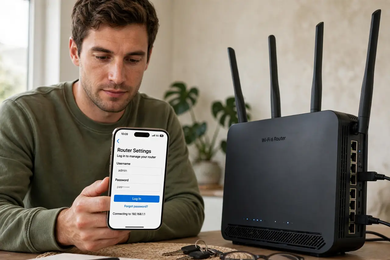 A person calmly performing the guide's first step: Log in to your router settings.