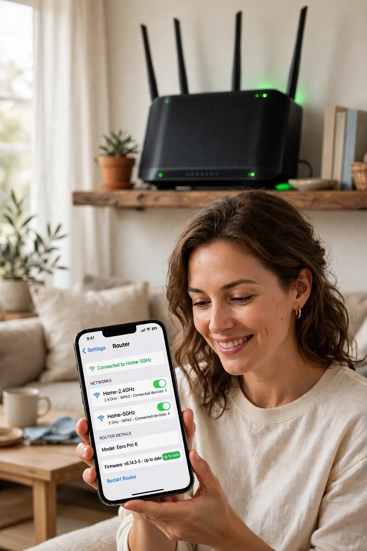 a person holding a real phone showing router settings with separate 2.4 GHz and 5 GHz network names legible on screen, a router on a shelf behind, the person's face relieved, livin.