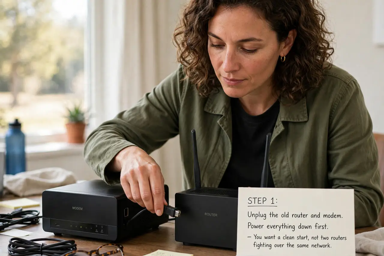 A person performing the first step of the guide: Unplug the old router and modem.