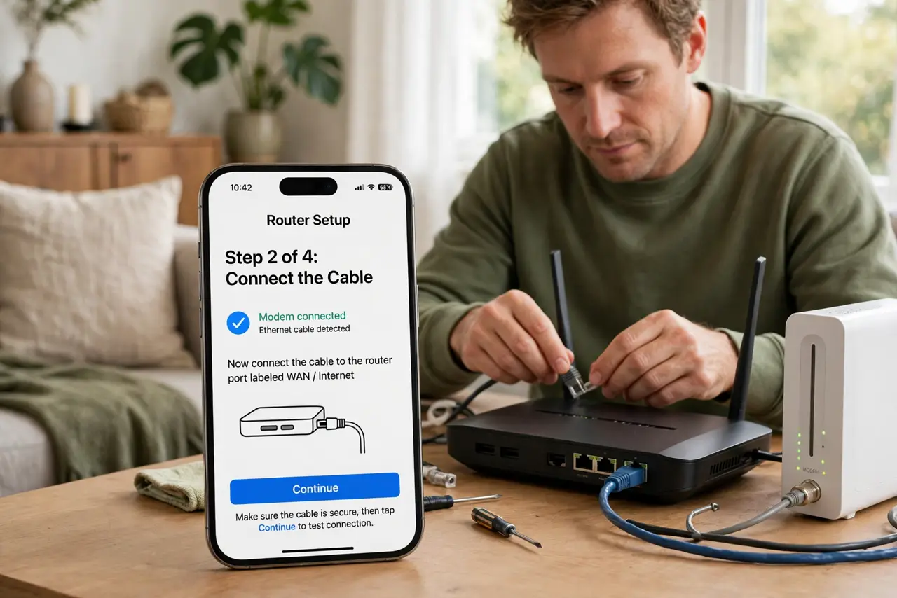 a person connecting cables to a real new Wi-Fi router on a table, the modem beside it, a phone showing the setup app with legible text, the person's face focused, living room.
