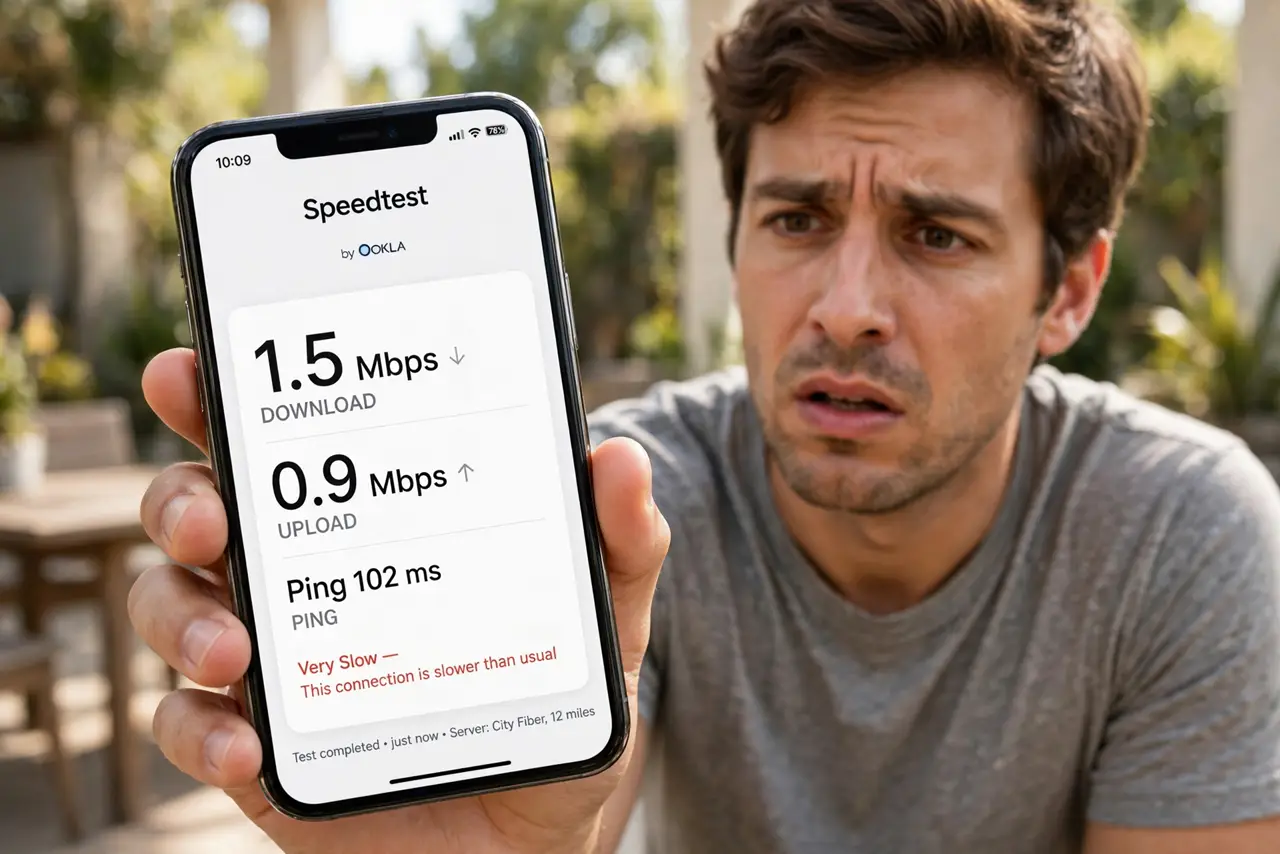 Full Wi-Fi Bars but Slow Internet — a puzzled adult holding a real phone showing full Wi-Fi bars next to a fully legible but very slow speed test