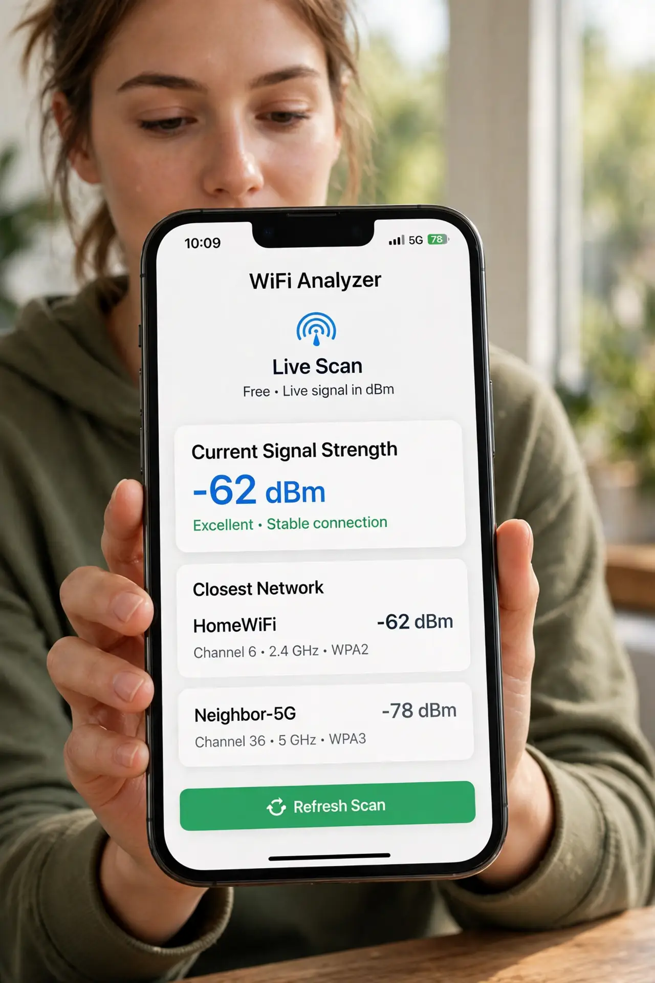 A person performing step 1: Get an analyzer app. Install a free Wi-Fi analyzer on your phone. It shows live signal strength in dBm — the h.