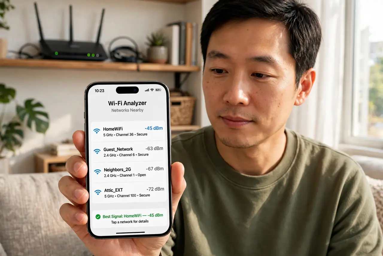 A person holding a real smartphone showing a Wi-Fi analyzer app with dBm numbers legible, a router visible on a shelf behind, the person's face enlightened, living room.