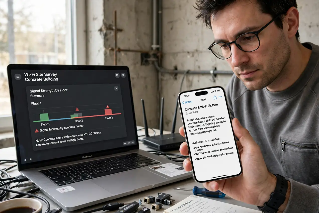 A person performing step 1 of the guide: Accept what concrete does. Concrete absorbs Wi-Fi and the rebar inside reflects it. Expecting one router to cover floors above and below concrete is planning to fail.