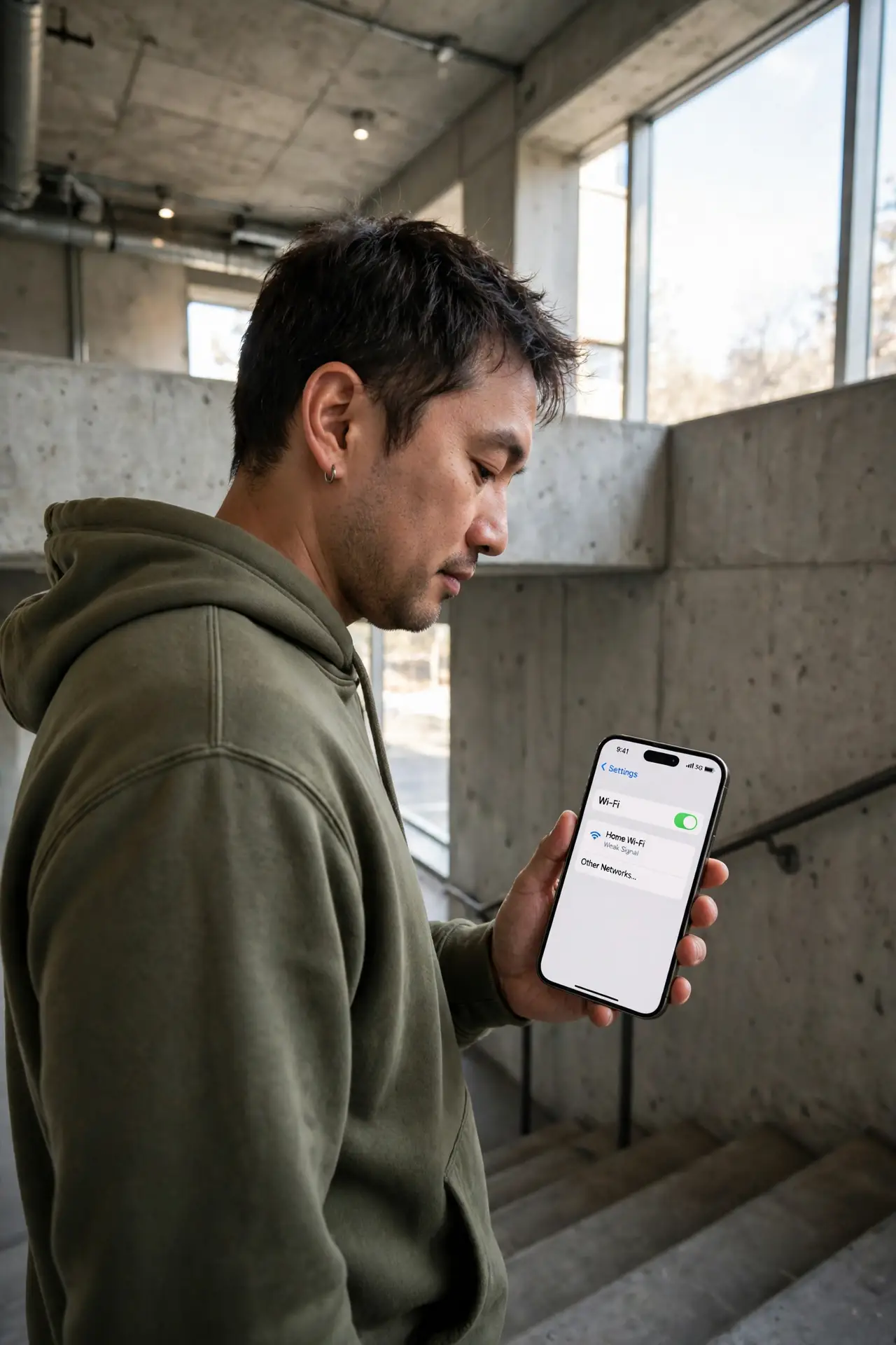 a calm adult on a staircase holding a real phone showing weak Wi-Fi bars, a concrete ceiling visible above, mid-step between floors. No black screen, no blank white screen, no fake or garbled screen text.